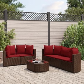 6 pcs conjunto de sofás jardim c/ almofadões vime PE castanho