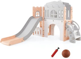 Escorrega infantil 9 em 1 com cesto de basquetebol, telescópio, ponte suspensa e túnel para 1+ anos 176 x 138 x 80 cm rosa