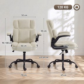 Cadeira de escritório ergonómica em chenille, função de balanço, braços rebatíveis, altura ajustável, 70 x 67 x 108 cm, bege