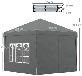 Tenda de Jardim com Paredes Laterais Amovíveis Janelas Porta com Fecho de Correr e Bolsa de Transporte 295x295x196-258 cm Cinzento