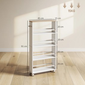 Carrinho cozinha de Arrumação Estreito, 45 x 15 x 91 cm, 4 Níveis, Branco