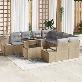 vidaXL Conjunto de Sofás de Jardim de 9 Peças com Almofadas Beige em Poli Rattan