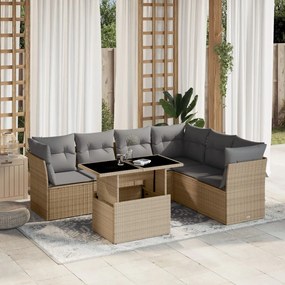 7 pcs conjunto de sofás p/ jardim com almofadões vime PE bege