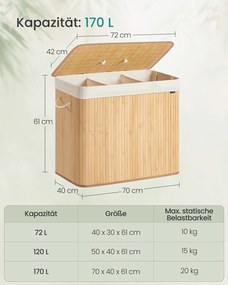 Cesto para roupa suja em bambu com 3 compartimentos 70 x 40 x 61 cm cor natural