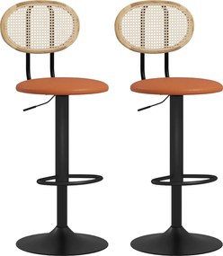 Conjunto de 2 bancos de bar com altura ajustável 40,5 x 52 x 92-113,5 cm, encosto em rattan e apoio para os pés, castanho
