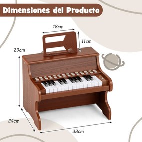 Piano de brincar com 25 teclas para crianças 38 x 24 x 29 cm, com suporte e modo de aprendizagem, velocidade e volume ajustáveis, design em madeira Ca
