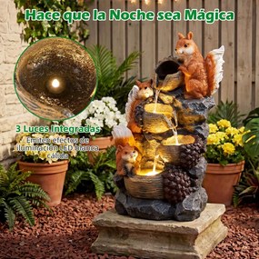 Fonte de Água Decorativa com Esquilos e Avelãs, 34 x 25 x 59 cm, Iluminação LED, Laranja+Cinza
