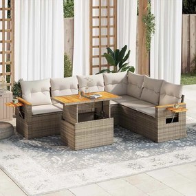 7 pcs conjunto sofás jardim com almofadões vime PE/acácia bege