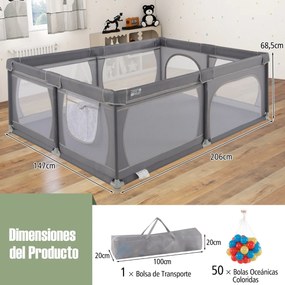 Parque para bebés 206 x 147 x 68,5 cm com rede respirável, bolsa de transporte, 50 bolas oceânicas e porta com fecho de correr – Cinzento