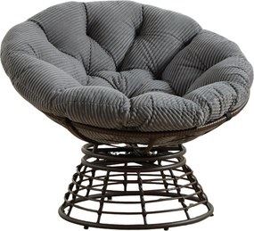 Poltrona Papasan, giratória 360°, almofada espessa(Veludo Cotelê), estrutura em aço, 92x92x67 cm, Cinzento| AOSOM Portugal