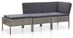 Conjunto lounge de jardim c/ almofadões 3 pcs vime PE cinzento