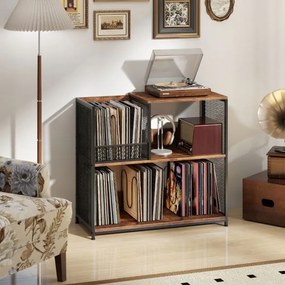 Armário para gira-discos de 3 níveis e para discos de vinil 83 x 36 x 76,5 cm com capacidade para 300 álbuns Mesa lateral com 3 divisórias Castanho