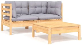 3 pcs conj. lounge jardim c/ almofadões cinzentos pinho maciço