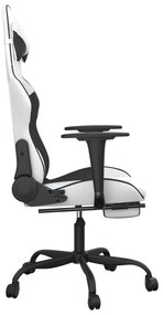 Cadeira gaming c/ apoio p/ pés couro artificial preto e branco