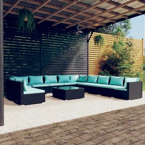 vidaXL 12 pcs conjunto lounge de jardim c/ almofadões vime PE preto