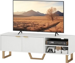 Móvel de televisão 140 L x 39 P x 47 A cm para televisores até 70 polegadas — armário com 2 portas caneladas, compartimento aberto e passa cabo branco