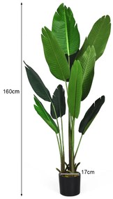 Palmeira tropical artificial com vaso preto para interior com 10 folhas realistas 160 cm Verde