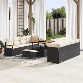 Conjunto de Sofá de Jardim de 11 Peças com Almofadas Preto Rattan Poliéster Acácia