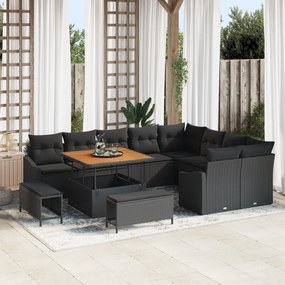 Conjunto de Sofá de Jardim vidaXL com 12 Peças e Almofadas Preto Rattan Poly Acácia