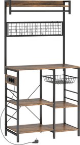 HOMCOM Estante de Cozinha com Três Tomadas e Luzes LED Estilo Industrial com Prateleiras para Micro-ondas 80x42x162 cm Castanho Rústico e Preto | Aosom Portugal
