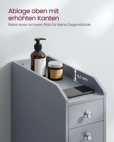 Armário de casa de banho estreito com gavetas para papel higiénico 40 x 18 x 70 cm Cinzento 
