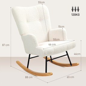 Poltrona Baloiço em Borrego Poltrona para Amamentação com Encosto Capitonê e Base de Madeira 65x88x87 cm Creme