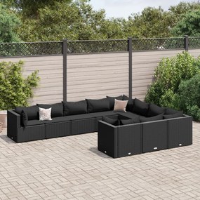 vidaXL 10 pcs conjunto sofás de jardim c/ almofadões vime PE preto