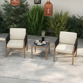 Conjunto Jardim de 3 peças de mobiliário de exterior em corda trançada com almofadas, para terraço, jardim ou varanda Castanho, preto e bege