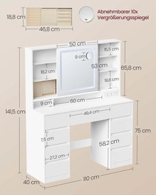Toucador 40 x 110 x 141,5 cm com espelho LED (BANCO NÃO INCLUIDO), tomada e nove gavetas Branco nuvem