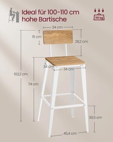 Conjunto de 2 bancos de bar com encosto 45,4 x 45,4 x 102,2 cm em castanho trigo e branco nuvem