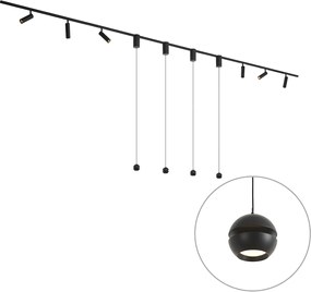 Sistema de calhas de iluminação moderno preto com 6 focos e 4 candeeiros suspensos Easylift monofásico - Slimline Uzzy Tira