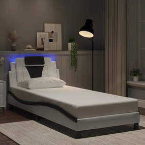 Estrutura cama c/ luzes LED 90x190 cm couro artif. branco/preto