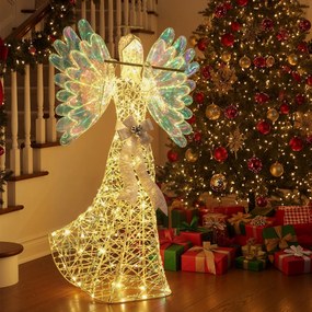 Anjo de Natal LED 158 cm com auréola e flauta pré-iluminado com 250 luzes para interior e exterior com laços branco quente