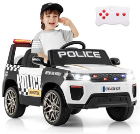Carro de polícia elétrico com bateria de 12V 7A para crianças com Controlo remoto Sirene de música e luz LED intermitente Preto+Branco