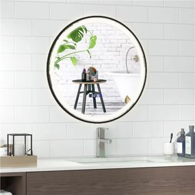 Espelho de casa de banho redondo Espelho de toucador com luz LED de 3 cores Função de memória Leitura do tempo de embaciamento e da temperatura 60 x 6