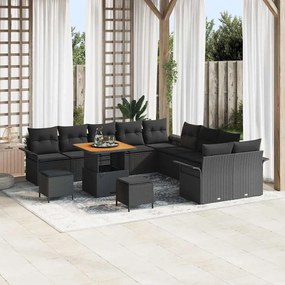 vidaXL Conjunto de Sofá de Jardim de 13 Peças com Almofadas Pretas em Rattan Sintético Acácia