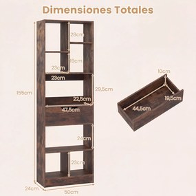 Estante Livreira Industrial, 50 x 24 x 155 cm, 8 Compartimentos e Gaveta, Castanho