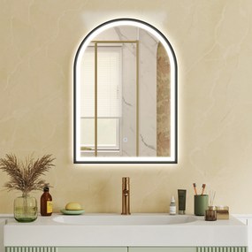 Espelho de casa de banho com iluminação, 50 x 70 cm, espelho LED arqueado, antiembaciamento, 3 cores de luz, intensidade regulável, memória, preto