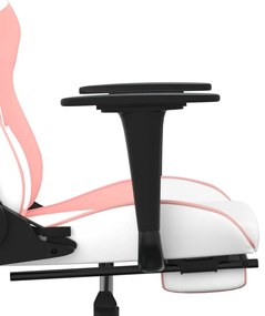Cadeira gaming com apoio p/ pés couro artificial branco e rosa