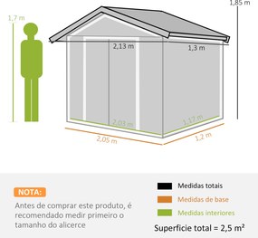 Abrigo de Jardim 213x130x185cm Abrigo de Jardim Metálico de Exterior com 2 Portas Deslizantes e 4 Janelas Verde Claro