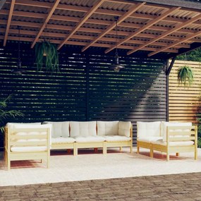 vidaXL 7 pcs conjunto lounge jardim c/ almofadões creme pinho maciço