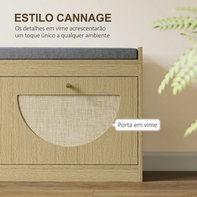 HOMCOM Banco Sapateira com Assento Acolchoado Portas em Vime Prateleira Ajustável para 8 Pares de Sapatos 104,5x24x48 cm Madeira