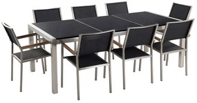 Conjunto de mesa com tampo triplo granito polido preto 220 x 100 cm e 8 cadeiras pretas GROSSETO Beliani