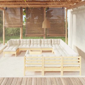 vidaXL 13 pcs conjunto lounge jardim c/ almofadões cor creme pinho