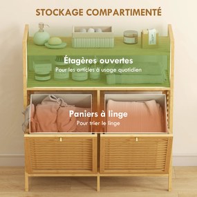 Móvel de casa de banho em bambu, armário de casa de banho com 2 cestos para roupa suja e 2 prateleiras, 82 x 33 x 88 cm, madeira natural