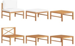 3 pcs conj. lounge de jardim c/ almofadões cor creme teca
