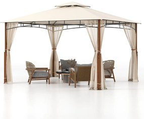 Pérgula 3,6 x 3 m com rede 2 níveis Telhado com estrutura metálica Tenda de jardim com telhado duplo para pátio exterior Terraço Bege