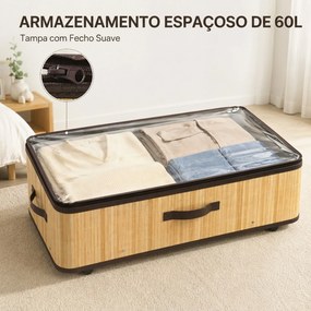 Conjunto de 2 Caixas de Arrumação para Debaixo da Cama com Rodas, 60 L, Tampa Transparente e Asa, Estrutura Metálica, 78,5x43x23 cm, Natural