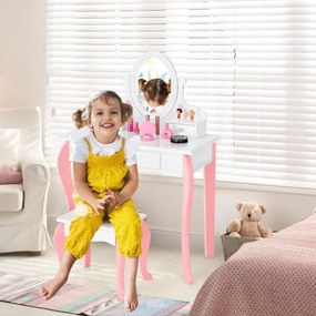 Conjunto de Toucador e Banco para Crianças Mesa de Maquilhagem para Princesas com Espelho Rotativo 360° Removível 3 Gavetas Branco e Rosa