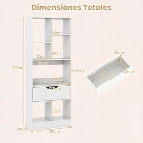 Estante Livreira com Gaveta, 50 x 24 x 130 cm, 7 Compartimentos, Branco